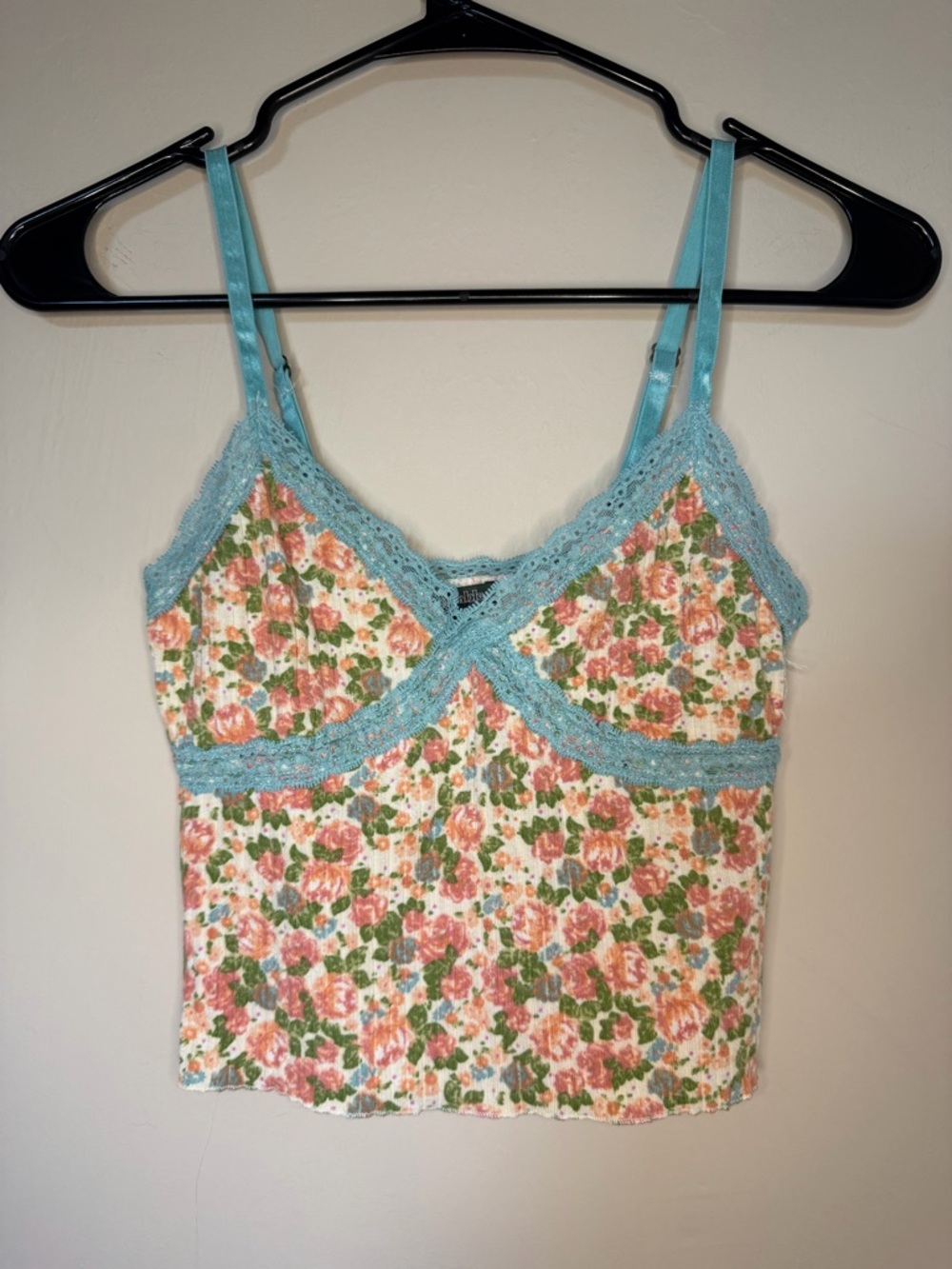 wild fable Floral Ribbed Tank with Teal Lace Trim